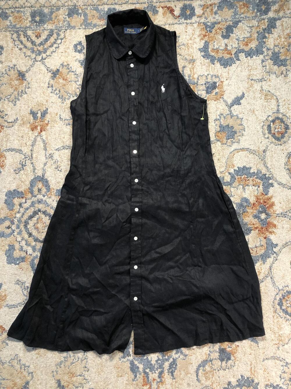 Polo Ralph Lauren Dress Womens 8 Black Linen Shirt Sleeveless Button Front